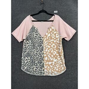 Bidi Pointelle Knit Top Animal Print Womens Size L Pink Short Sleeves V-Neck